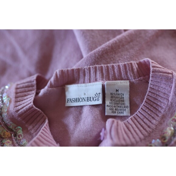 Vintage Y2K Pink Sequin Beaded Button Down Cardigan Coquette Preppy Pin Up M - Picture 5 of 13